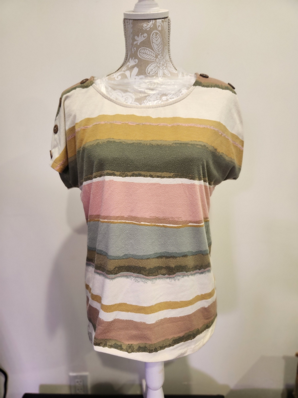 Striped Short Sleeve Women’s Top in Pastel Olive, Pink & Cream